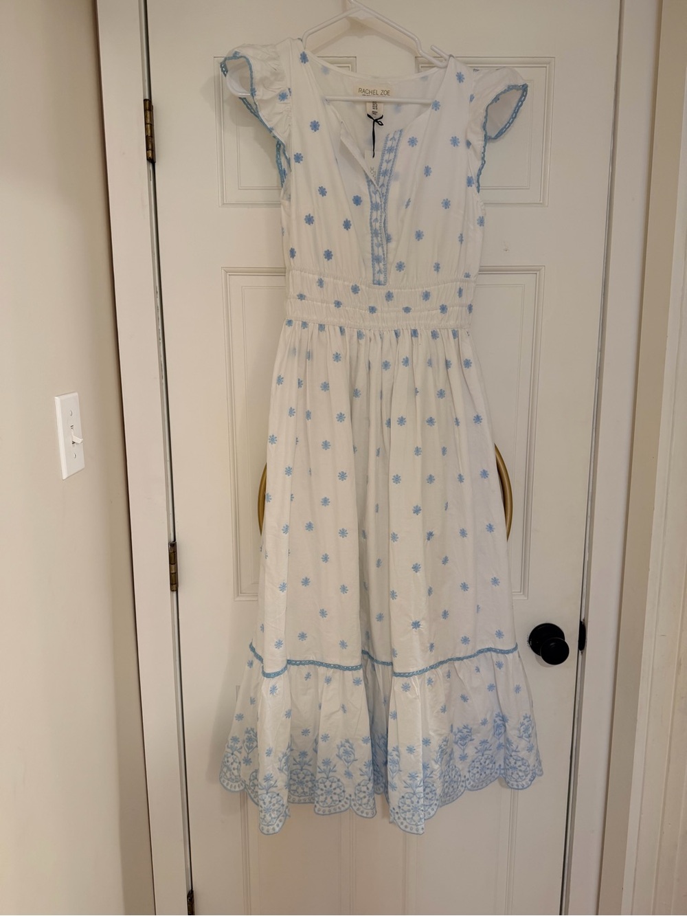 Rachel Zoe White Maxi Dress with Light Blue Embroidery